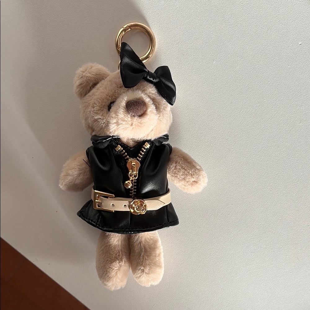 Plush Bear Keychain with Black Outfit (comes with removable earrings and ribbon)